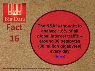The NSA
is thought to analyze
1.6% of all global
internet traffic –
around 30 petabytes
(30 million gigabytes)
every day.
Source
16
 