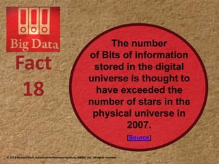 The number
of Bits of information
stored in the digital
universe is thought to
have exceeded the
number of stars in the
physical universe in
2007.
Source
18
 