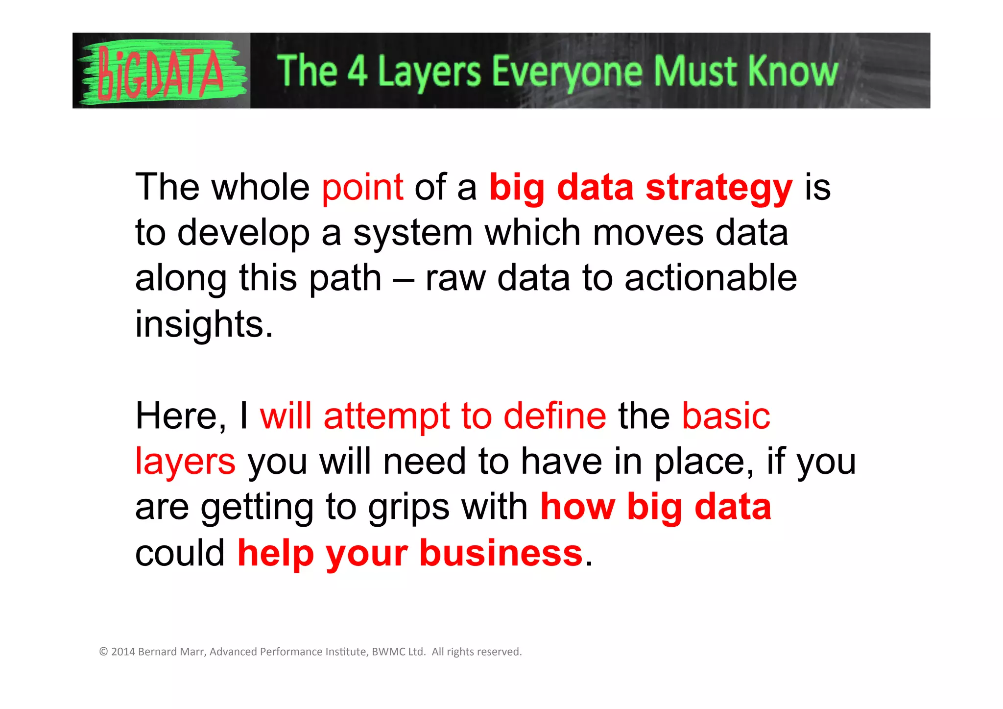 The whole point of a big data strategy
is to develop a system which moves
data along this path – raw data to
actionable insights.
Here, I will attempt to define the basic
layers you will need to have in place, if
you are getting to grips with how big
data could help your business.
 