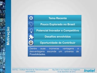 Motivação
Dentre suas inúmeras vantagens e
desvantagens esconde um universo de
Possibilidades.
Tema Recente
Pouco Explorado no Brasil
Potencial Inovador e Competitivo
Desafios envolvidos
Oportunidade de Contribuir
 