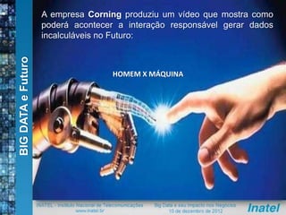 BIGDATAeFuturo
A empresa Corning produziu um vídeo que mostra como
poderá acontecer a interação responsável gerar dados
incalculáveis no Futuro:
HOMEM X MÁQUINA
 