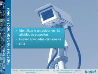 ImpactosnaSegurançaPública
• Identificar e antecipar-se às
atividades suspeitas
• Prever atividades criminosas
• NGI
 