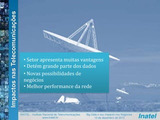 • Setor apresenta muitas vantagens
• Detém grande parte dos dados
• Novas possibilidades de
negócios
• Melhor performance da rede
ImpactosnasTelecomunicações
 