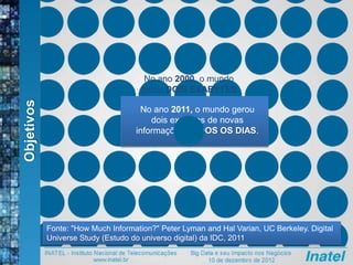 Objetivos
No ano 2000, o mundo
gerou DOIS EXABYTES
de novas informações.
No ano 2011, o mundo gerou
dois exabytes de novas
informações TODOS OS DIAS.
Fonte: "How Much Information?" Peter Lyman and Hal Varian, UC Berkeley. Digital
Universe Study (Estudo do universo digital) da IDC, 2011
 