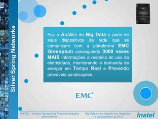SilverSpringNetworks
Faz a Análise do Big Data a partir de
seus dispositivos de rede que se
comunicam com a plataforma EMC
Greenplum conseguindo 3000 vezes
MAIS informações a respeito do uso da
eletricidade, monitorando a demanda de
energia em Tempo Real e Prevendo
prováveis paralisações.
 