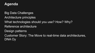Agenda
Big Data Challenges
Architecture principles
What technologies should you use? How? Why?
Reference architecture
Desi...