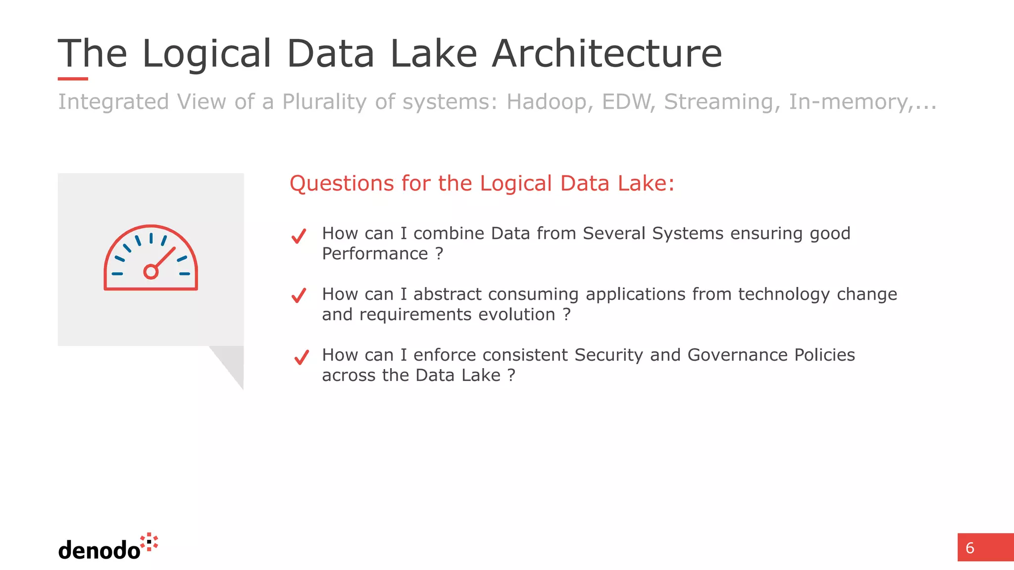 6
How can I combine Data from Several Systems ensuring good
Performance ?
How can I abstract consuming applications from technology change
and requirements evolution ?
How can I enforce consistent Security and Governance Policies
across the Data Lake ?
Questions for the Logical Data Lake:
The Logical Data Lake Architecture
Integrated View of a Plurality of systems: Hadoop, EDW, Streaming, In-memory,...
 