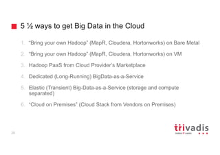 5 ½ ways to get Big Data in the Cloud
26
1. “Bring your own Hadoop” (MapR, Cloudera, Hortonworks) on Bare Metal
2. “Bring your own Hadoop” (MapR, Cloudera, Hortonworks) on VM
3. Hadoop PaaS from Cloud Provider’s Marketplace
4. Dedicated (Long-Running) BigData-as-a-Service
5. Elastic (Transient) Big-Data-as-a-Service (storage and compute
separated)
6. “Cloud on Premises” (Cloud Stack from Vendors on Premises)
 