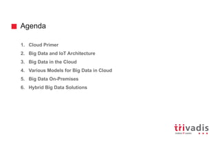 Agenda
1. Cloud Primer
2. Big Data and IoT Architecture
3. Big Data in the Cloud
4. Various Models for Big Data in Cloud
5. Big Data On-Premises
6. Hybrid Big Data Solutions
 