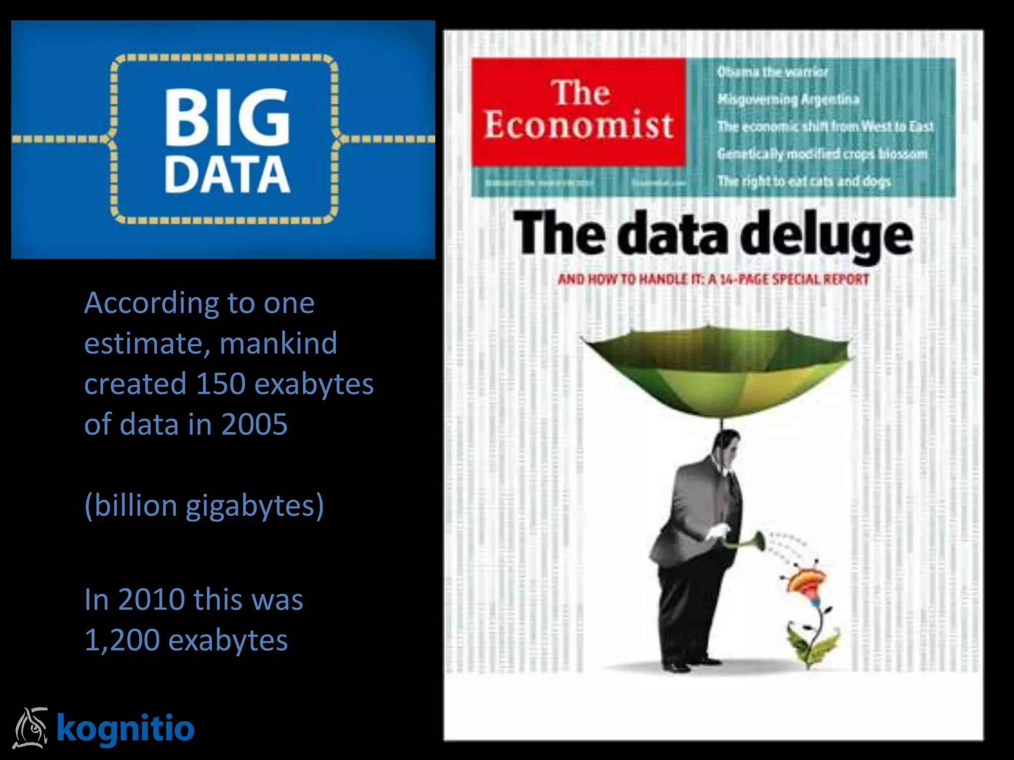 According to one
estimate, mankind
created 150 exabytes
of data in 2005
(billion gigabytes)
In 2010 this was
1,200 exabytes
 