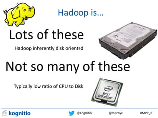 @Kognitio @mphnyc #MPP_R
Lots of these
Not so many of these
Hadoop is…
Hadoop inherently disk oriented
Typically low ratio of CPU to Disk
 