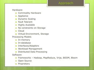 ApproachHardwareCommodity HardwareApplianceDynamic ScalingFault TolerantHighly AvailableNo constraints on StorageCloudVirtual Environment, StorageProcessing ModelsIn-memoryIn-databaseInterfaces/AdaptersWorkload ManagementDistributed Data ProcessingSoftwareFrameworks – Hadoop, MapReduce, Vrije, BOOM, BloomOpen SourceProprietary