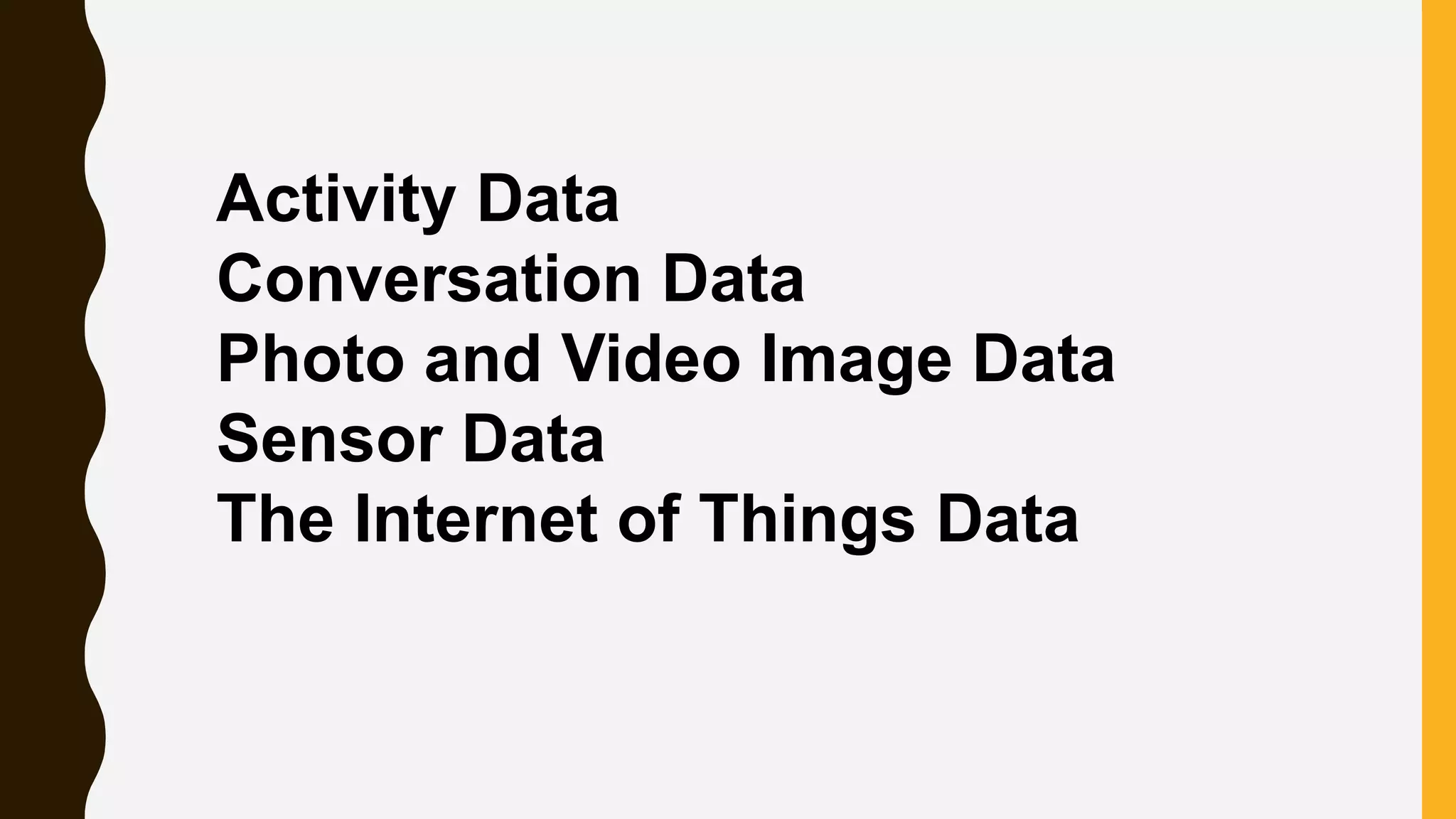 Activity Data
Conversation Data
Photo and Video Image Data
Sensor Data
The Internet of Things Data
 