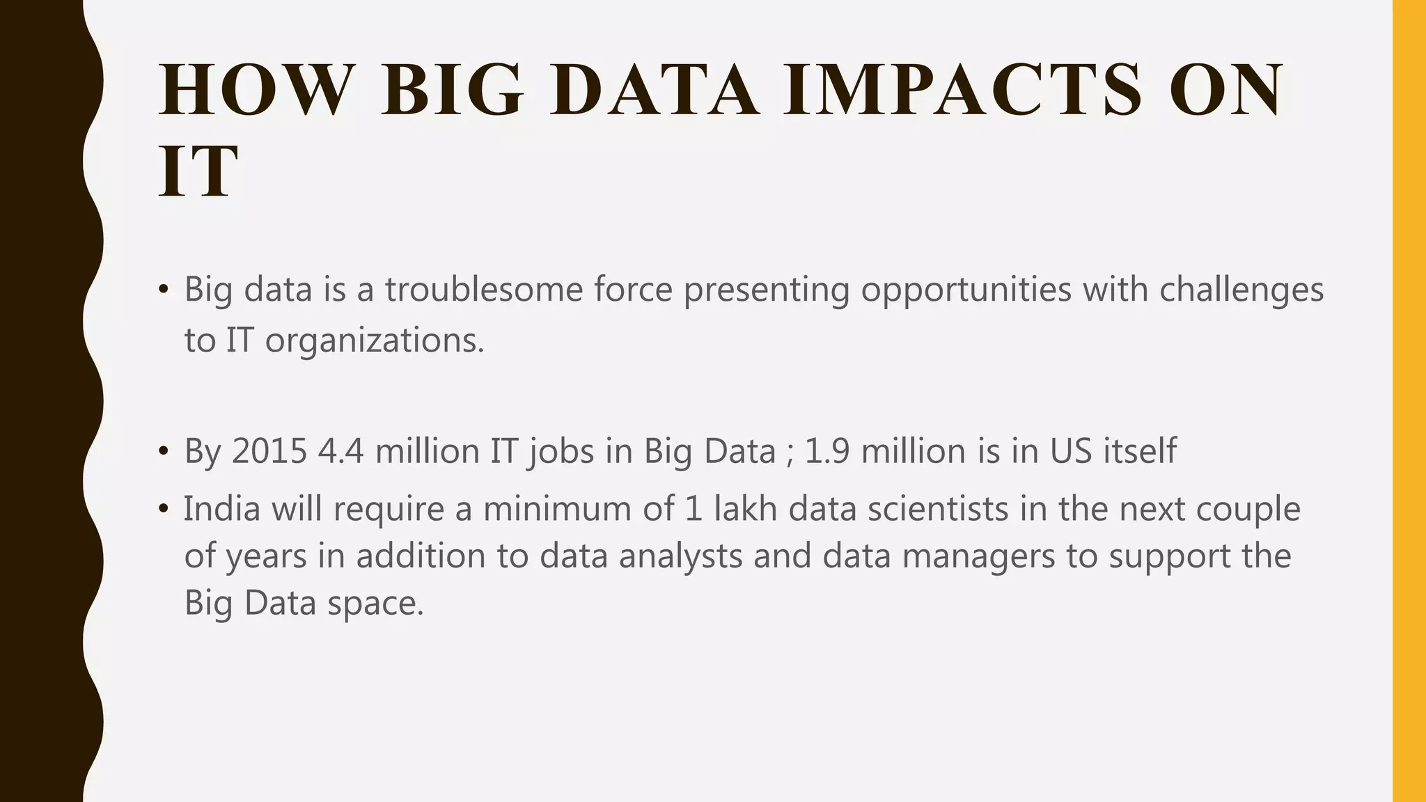 HOW BIG DATA IMPACTS ON
IT
• Big data is a troublesome force presenting opportunities with challenges
to IT organizations.
• By 2015 4.4 million IT jobs in Big Data ; 1.9 million is in US itself
• India will require a minimum of 1 lakh data scientists in the next couple
of years in addition to data analysts and data managers to support the
Big Data space.
 