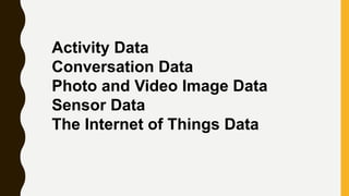 Activity Data
Conversation Data
Photo and Video Image Data
Sensor Data
The Internet of Things Data
 