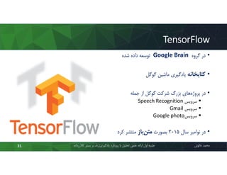 TensorFlow
‫ﻣﺤﻤﺪ‬‫ﺧﺎﻟﻮﺋﯽ‬‫ﮐﻼن‬ ‫ﺑﺴﺘﺮ‬ ‫ﺑﺮ‬ ‫ژرف‬‫ﯾﺎدﮔﯿﺮي‬ ‫روﯾﮑﺮد‬ ‫ﺑﺎ‬ ‫ﺗﺤﻠﯿﻞ‬ ‫ﻋﻠﻤﯽ‬ ‫اراﺋﻪ‬ ‫اول‬ ‫ﺟﻠﺴﻪ‬‫داده‬31
•‫ﮔﺮوه‬ ‫در‬Google Brain‫ﺷﺪه‬ ‫داده‬ ‫ﺗﻮﺳﻌﻪ‬
•‫ﮐﺘﺎﺑﺨﺎﻧﻪ‬‫ﮔﻮﮔﻞ‬ ‫ﻣﺎﺷﯿﻦ‬ ‫ﯾﺎدﮔﯿﺮي‬
•‫ﺟﻤﻠﻪ‬ ‫از‬ ‫ﮔﻮﮔﻞ‬ ‫ﺷﺮﮐﺖ‬ ‫ﺑﺰرگ‬ ‫ﻫﺎي‬‫ﭘﺮوژه‬ ‫در‬
‫ﺳﺮوﯾﺲ‬Speech Recognition
‫ﺳﺮوﯾﺲ‬Gmail
‫ﺳﺮوﯾﺲ‬Google photo
•‫ﺳﺎل‬ ‫ﻧﻮاﻣﺒﺮ‬ ‫در‬2015‫ﺑﺼﻮرت‬‫ﺑﺎز‬‫ﻣﺘﻦ‬‫ﮐﺮد‬ ‫ﻣﻨﺘﺸﺮ‬
 