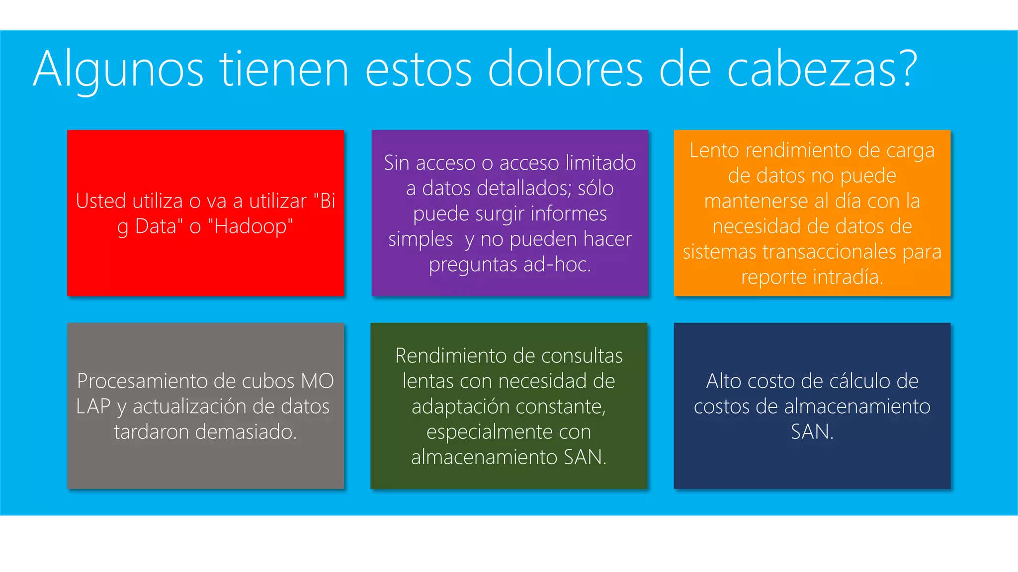 Usted utiliza o va a utilizar "Bi
g Data" o "Hadoop"
Sin acceso o acceso limitado
a datos detallados; sólo
puede surgir informes
simples y no pueden hacer
preguntas ad-hoc.
Lento rendimiento de carga
de datos no puede
mantenerse al día con la
necesidad de datos de
sistemas transaccionales para
reporte intradía.
Procesamiento de cubos MO
LAP y actualización de datos
tardaron demasiado.
Rendimiento de consultas
lentas con necesidad de
adaptación constante,
especialmente con
almacenamiento SAN.
Alto costo de cálculo de
costos de almacenamiento
SAN.
Algunos tienen estos dolores de cabezas?
 