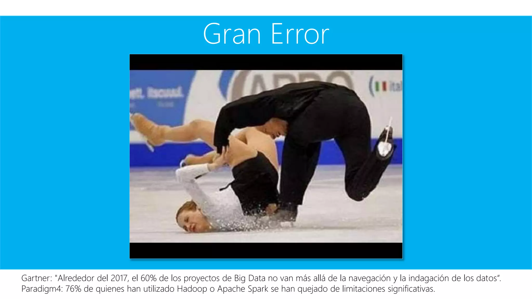 Gran Error
Gartner: "Alrededor del 2017, el 60% de los proyectos de Big Data no van más allá de la navegación y la indagación de los datos“.
Paradigm4: 76% de quienes han utilizado Hadoop o Apache Spark se han quejado de limitaciones significativas.
 
