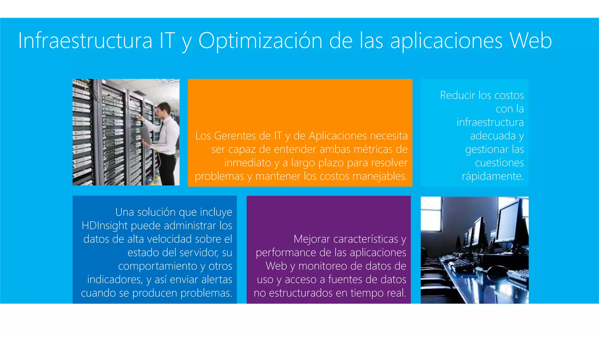 Infraestructura IT y Optimización de las aplicaciones Web
Una solución que incluye
HDInsight puede administrar los
datos de alta velocidad sobre el
estado del servidor, su
comportamiento y otros
indicadores, y así enviar alertas
cuando se producen problemas.
Mejorar características y
performance de las aplicaciones
Web y monitoreo de datos de
uso y acceso a fuentes de datos
no estructurados en tiempo real.
Reducir los costos
con la
infraestructura
adecuada y
gestionar las
cuestiones
rápidamente.
Los Gerentes de IT y de Aplicaciones necesita
ser capaz de entender ambas métricas de
inmediato y a largo plazo para resolver
problemas y mantener los costos manejables.
 