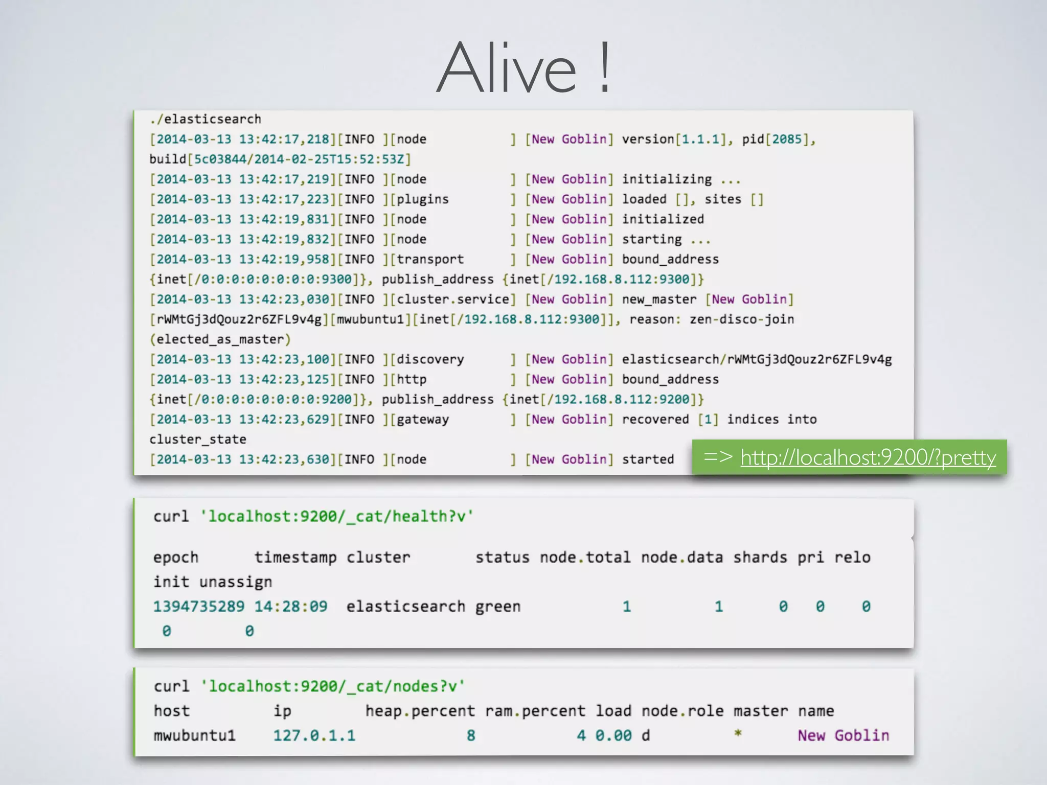 Alive ! => http://localhost:9200/?pretty 