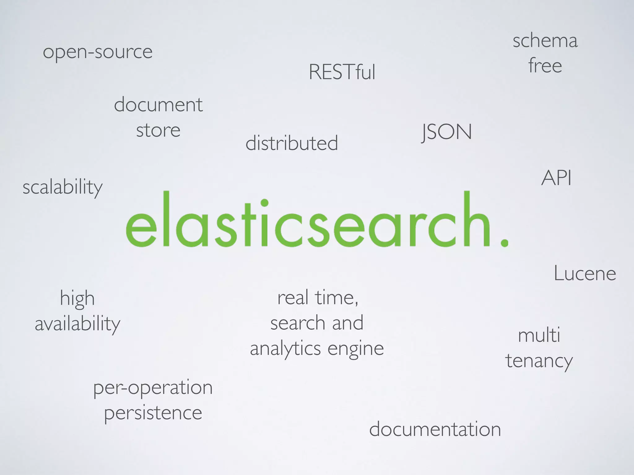 real time, search and analytics engine open-source Lucene JSON schema free document  store RESTful API documentation scalability high availability distributed multi tenancy per-operation  persistence 