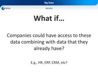 Big Data
What if…
Companies could have access to these
data combining with data that they
already have?
E.g., HR, ERP, CRM, etc?
Identity
 