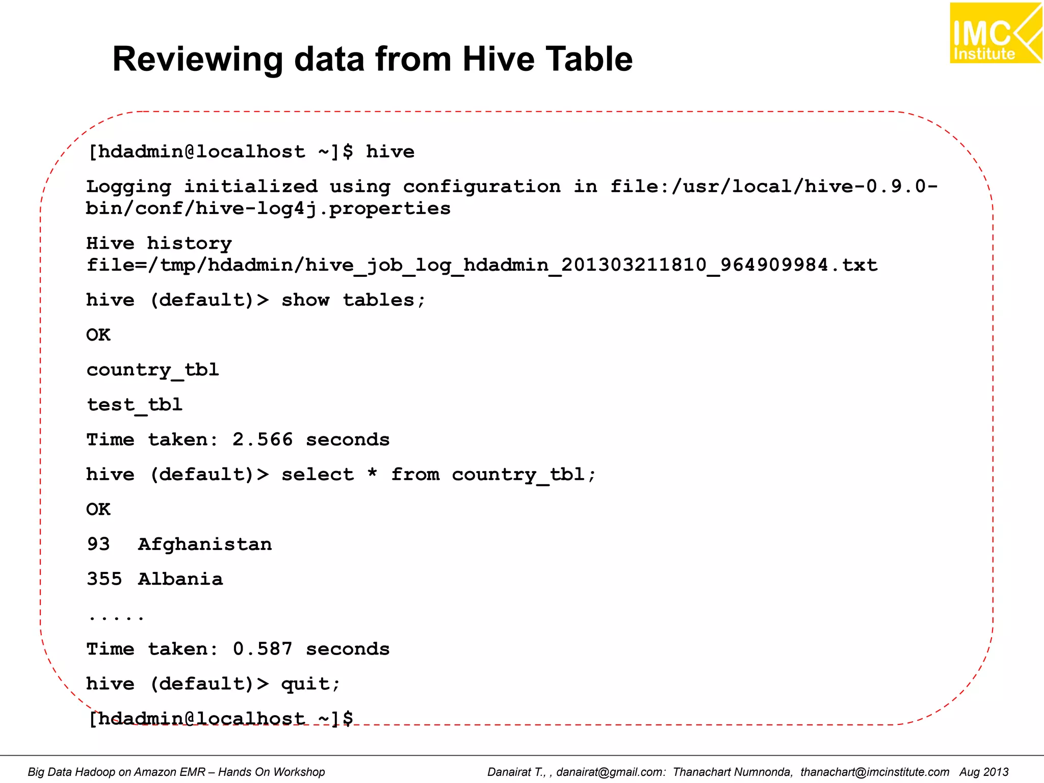 Reviewing data from Hive Table 
[hdadmin@localhost ~]$ hive 
Logging initialized using configuration in file:/usr/local/hive-0.9.0- 
bin/conf/hive-log4j.properties 
Hive history 
file=/tmp/hdadmin/hive_job_log_hdadmin_201303211810_964909984.txt 
hive (default)> show tables; 
OK 
country_tbl 
test_tbl 
Time taken: 2.566 seconds 
hive (default)> select * from country_tbl; 
OK 
93 Afghanistan 
355 Albania 
..... 
Time taken: 0.587 seconds 
hive (default)> quit; 
[hdadmin@localhost ~]$ 
Danairat T., , danairat@gmail.com: Thanachart Numnonda, thanachart@imcinstitute.Big Data Hadoop on Amazon EMR – Hands On Workshop com Aug 2013 
 