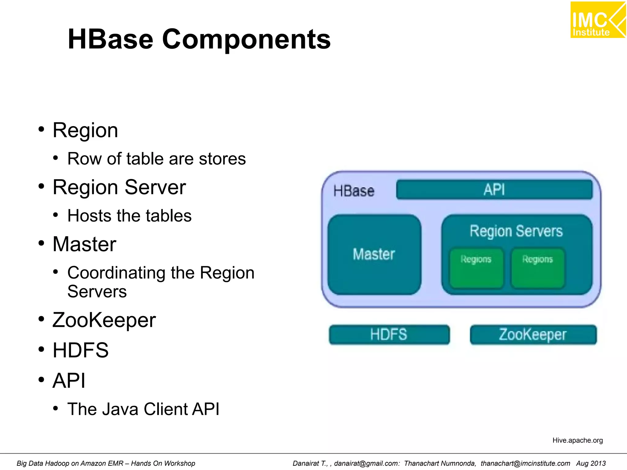 HBase Components 
Hive.apache.org 
● Region 
● Row of table are stores 
● Region Server 
● Hosts the tables 
● Master 
● Coordinating the Region 
Servers 
● ZooKeeper 
● HDFS 
● API 
● The Java Client API 
Danairat T., , danairat@gmail.com: Thanachart Numnonda, thanachart@imcinstitute.Big Data Hadoop on Amazon EMR – Hands On Workshop com Aug 2013 
 