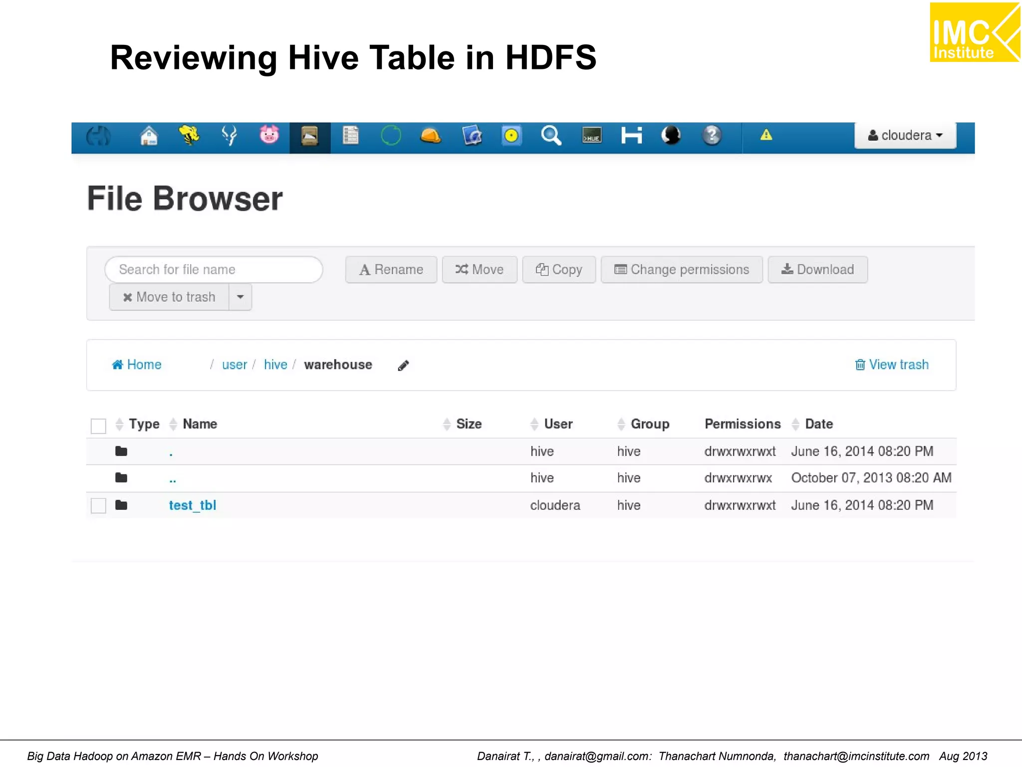 Reviewing Hive Table in HDFS 
Danairat T., , danairat@gmail.com: Thanachart Numnonda, thanachart@imcinstitute.Big Data Hadoop on Amazon EMR – Hands On Workshop com Aug 2013 
 