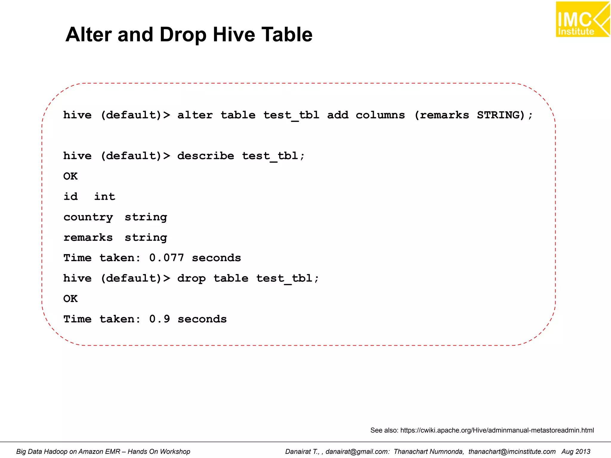 Alter and Drop Hive Table 
hive (default)> alter table test_tbl add columns (remarks STRING); 
hive (default)> describe test_tbl; 
OK 
id int 
country string 
remarks string 
Time taken: 0.077 seconds 
hive (default)> drop table test_tbl; 
OK 
Time taken: 0.9 seconds 
See also: https://cwiki.apache.org/Hive/adminmanual-metastoreadmin.html 
Danairat T., , danairat@gmail.com: Thanachart Numnonda, thanachart@imcinstitute.Big Data Hadoop on Amazon EMR – Hands On Workshop com Aug 2013 
 