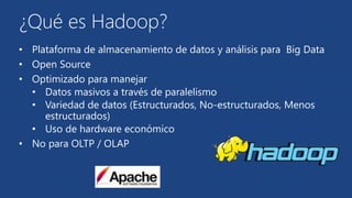 ¿Qué es Hadoop? 
• Plataforma de almacenamiento de datos y análisis para Big Data 
• Open Source 
• Optimizado para manejar 
• Datos masivos a través de paralelismo 
• Variedad de datos (Estructurados, No-estructurados, Menos 
estructurados) 
• Uso de hardware económico 
• No para OLTP / OLAP 
 