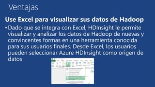 Ventajas 
Use Excel para visualizar sus datos de Hadoop 
• Dado que se integra con Excel, HDInsight le permite 
visualizar y analizar los datos de Hadoop de nuevas y 
convincentes formas en una herramienta conocida 
para sus usuarios finales. Desde Excel, los usuarios 
pueden seleccionar Azure HDInsight como origen de 
datos 
 