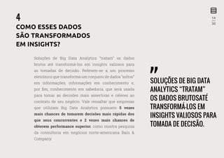 14
—
30
Soluções de Big Data Analytics “tratam” os dados
brutos até transformá-los em insights valiosos para
as tomadas de decisão. Referem-se a um processo
eletrônico que transforma um conjunto de dados “soltos”
em informações, informações em conhecimento e,
por fim, conhecimento em sabedoria, que será usada
para tomar as decisões mais assertivas e céleres ao
contexto de seu negócio. Vale ressaltar que empresas
que utilizam Big Data Analytics possuem 5 vezes
mais chances de tomarem decisões mais rápidas dos
que seus concorrentes e 2 vezes mais chances de
obterem performance superior, como mostra pesquisa
da consultoria em negócios norte-americana Bain &
Company.
4
COMO ESSES DADOS
SÃO TRANSFORMADOS
EM INSIGHTS?
SOLUÇÕES DE BIG DATA
ANALYTICS “TRATAM”
OS DADOS BRUTOSATÉ
TRANSFORMÁ-LOS EM
INSIGHTS VALIOSOS PARA
TOMADA DE DECISÃO.
 