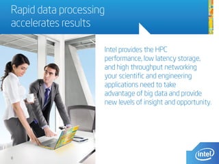 Rapid data processing
accelerates results
Intel provides the HPC
performance, low latency storage,
and high throughput networking
your scientific and engineering
applications need to take
advantage of big data and provide
new levels of insight and opportunity.
8
 