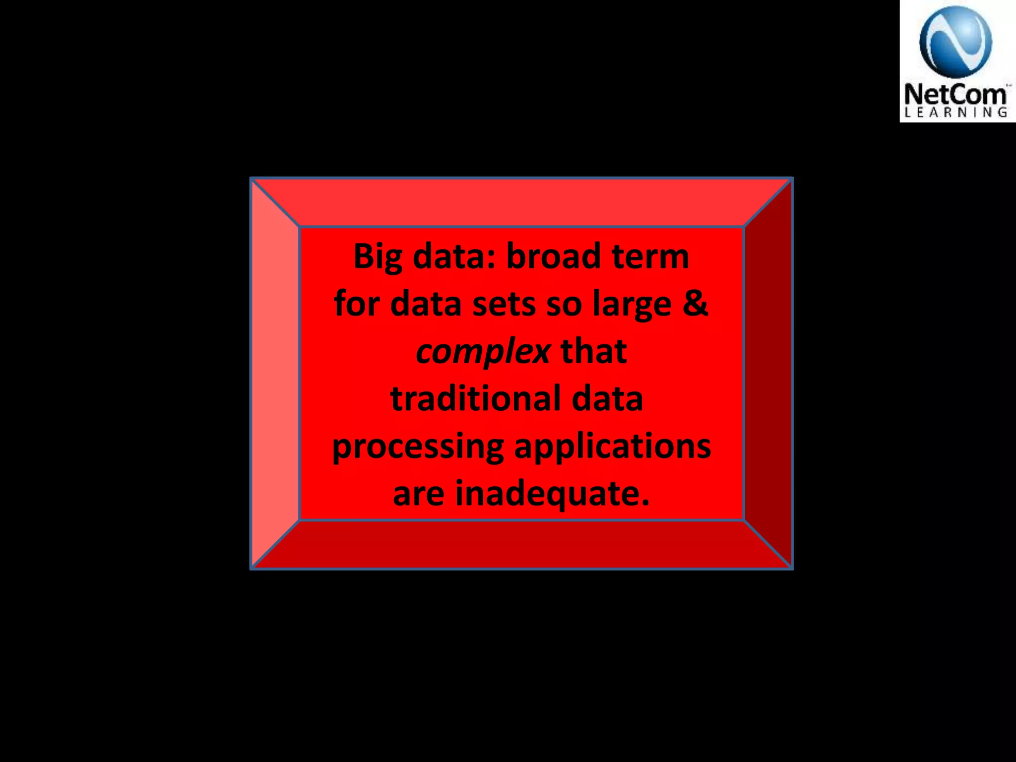 Big data: broad term
for data sets so large &
complex that
traditional data
processing applications
are inadequate.
 