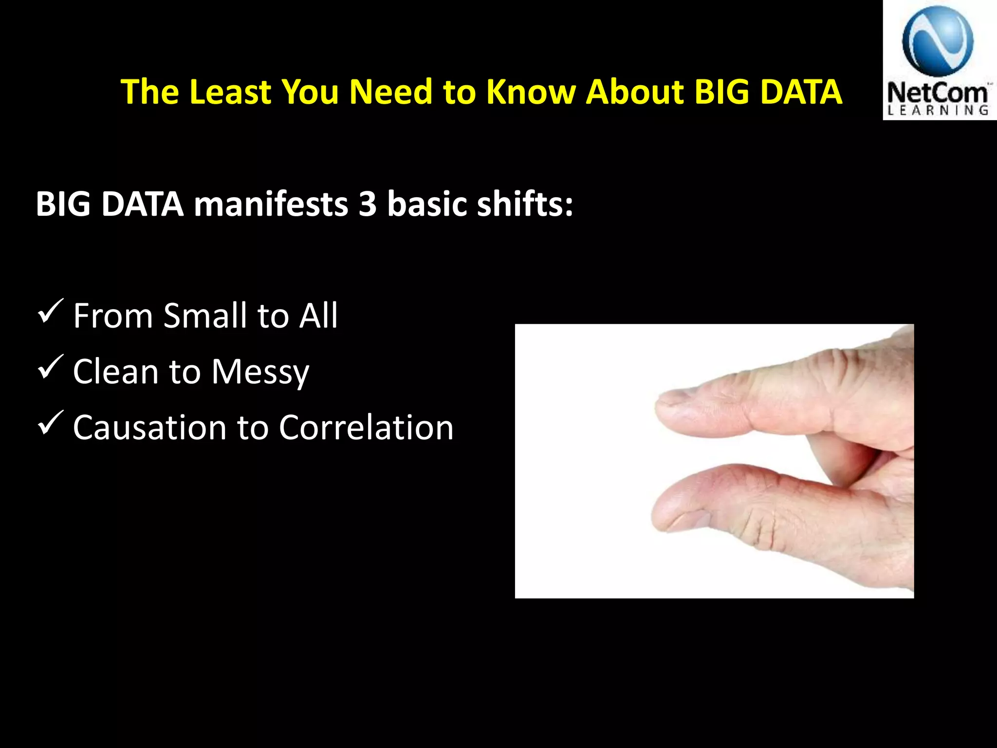 The Least You Need to Know About BIG DATA
BIG DATA manifests 3 basic shifts:
 From Small to All
 Clean to Messy
 Causation to Correlation
V. Suppa The Definitive 90 Thousand Foot Lecture on BIG Data© 2014
 