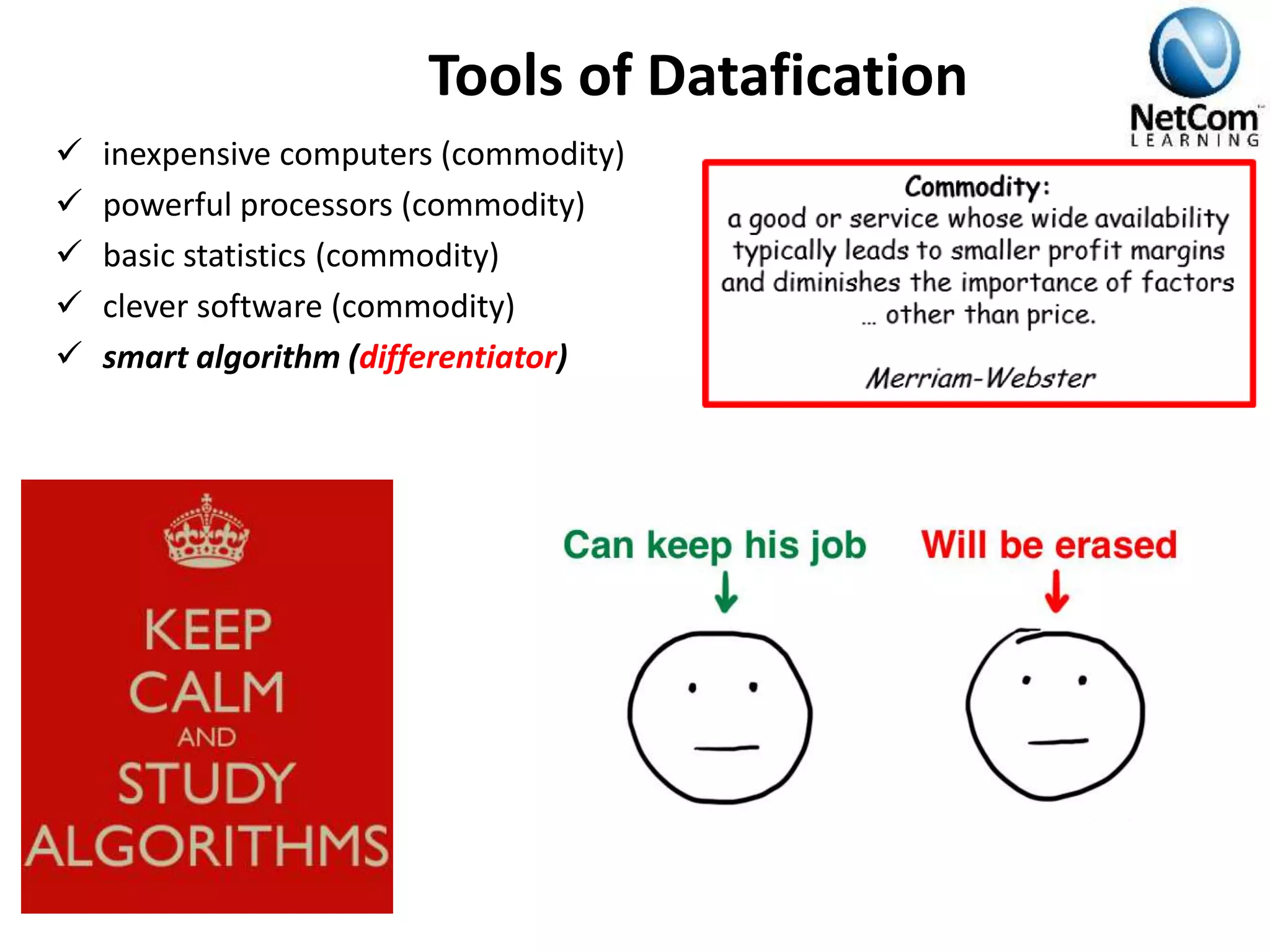Tools of Datafication
 inexpensive computers (commodity)
 powerful processors (commodity)
 basic statistics (commodity)
 clever software (commodity)
 smart algorithm (differentiator)
 