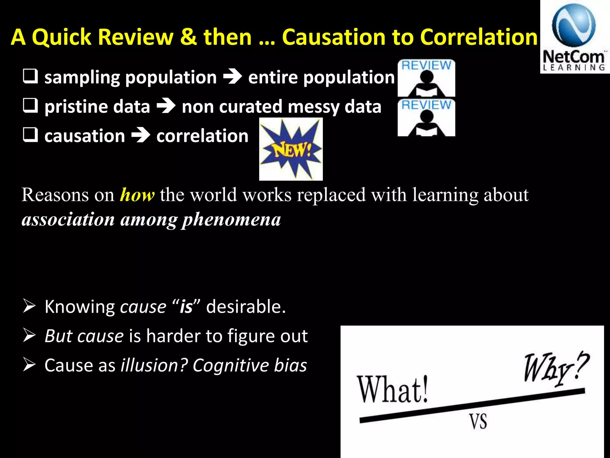 A Quick Review & then … Causation to Correlation
 sampling population  entire population
 pristine data  non curated messy data
 causation  correlation
Reasons on how the world works replaced with learning about
association among phenomena
 Knowing cause “is” desirable.
 But cause is harder to figure out
 Cause as illusion? Cognitive bias
V The Definitive 90 Thousand Foot Lecture on BIG Data© 2014
 