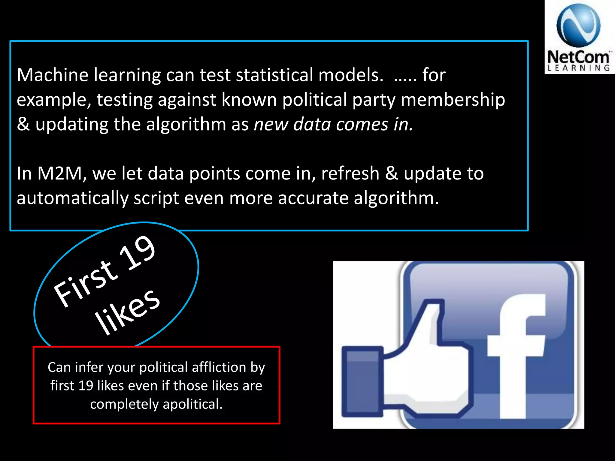 Machine learning can test statistical models. ….. for
example, testing against known political party membership
& updating the algorithm as new data comes in.
In M2M, we let data points come in, refresh & update to
automatically script even more accurate algorithm.
Can infer your political affliction by
first 19 likes even if those likes are
completely apolitical.
 