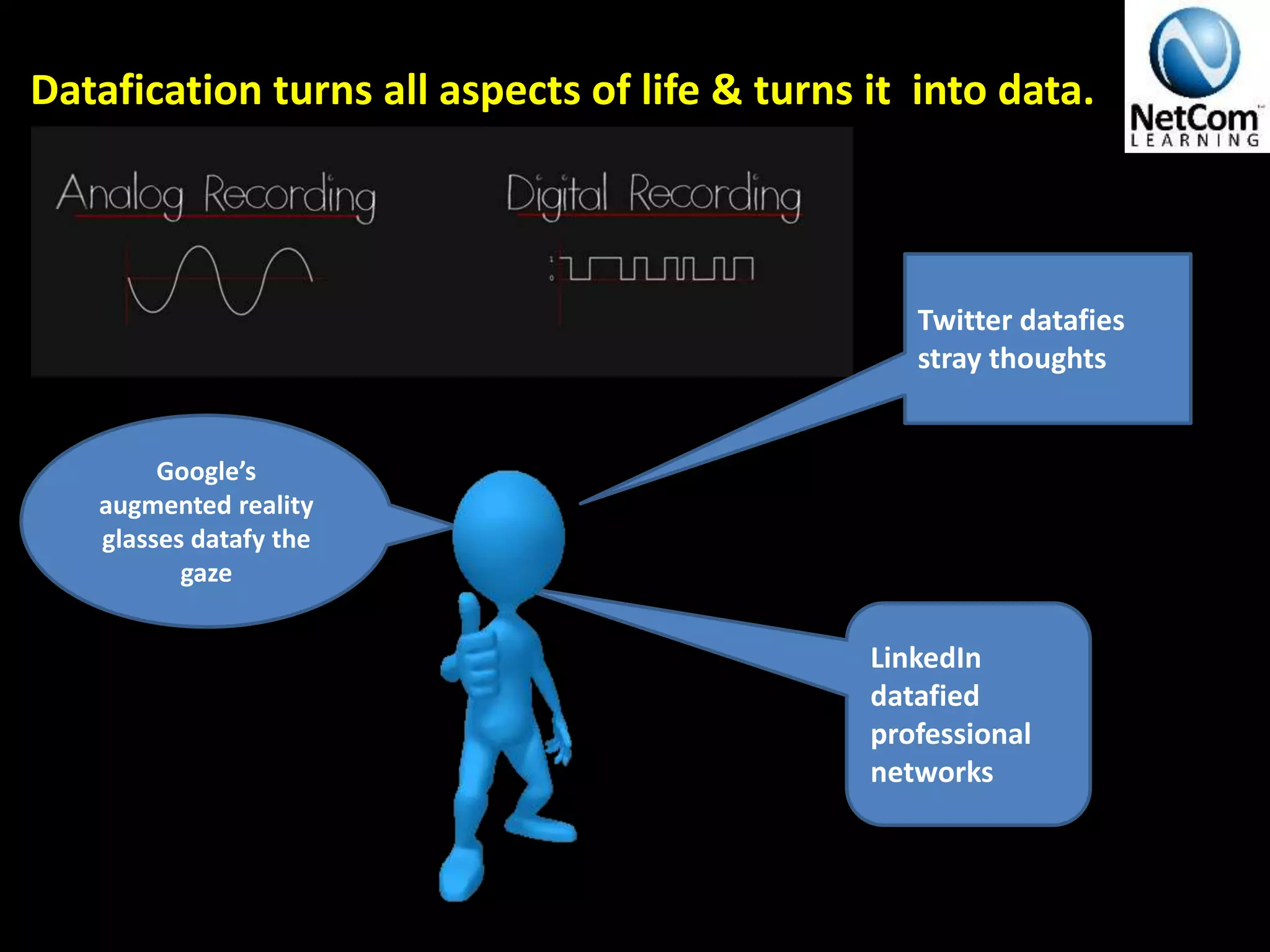 Datafication turns all aspects of life & turns it into data.
Google’s
augmented reality
glasses datafy the
gaze
Twitter datafies
stray thoughts
LinkedIn
datafied
professional
networks
 