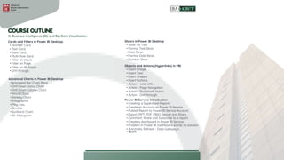 Cards and Filters in Power BI Desktop.
• Number Card.
• Text Card.
• Date Card.
• Multi-Row Card.
• Filter on Visual.
• Filter on Page.
• Filter on All Pages.
• Drill through.
III. Business Intelligence (BI) and Big Data Visualization
Slicers in Power BI Desktop
• Slicer for Text.
• Format Text Slicer.
• Date Slicer.
• Format Date Slicer .
• Number Slicer.
Advanced Charts in Power BI Desktop
• Animated Bar Chart Race.
• Drill Down Donut Chart.
• Drill Down Column Chart.
• Word Cloud.
• Sankey Chart.
• Infographic.
• Play Axis.
• Scroller.
• Sunburst Chart.
• 10- Histogram
Objects and Actions (Hyperlinks) in PBI
• Insert Image.
• Insert Text.
• Insert Shapes.
• Insert Buttons.
• Action - Web URL.
• Action - Page Navigation.
• Action - Bookmark Action.
• Action - Drill through.
Power BI Service Introduction
• Creating a Superstore Report.
• Create an Account on Power BI Service.
• Publish Report to Power BI Service Account.
• Export (PPT, PDF, PBIX) Report and Share.
• Comment, Share and Subscribe to a report.
• Create a dashboard in Power BI Service.
• Problem in Power BI Dashboard &amp; its solution.
• Automatic Refresh - Data Gatewayn.
• Exam
 