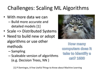 Challenges: Scaling ML Algorithms
• With more data we can
– Build more accurate and
detailed models [1]
• Scale => Distributed Systems
• Need to build new or adopt
algorithms or use other
methods
– Sampling
– Scaleable version of algorithms
(e.g. Decision Trees, NN )
[1] P Domingos, A Few Useful Things to Know about Machine Learning
 