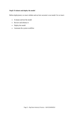 Page 3 – Big Data Industry Process – Adil ZEAARAOUI
Step5: Evaluate and deploy the model
Before deployment, we must validate and see how accurate is our model. So we must :
 Evaluate and test the model
 Review and enhance it
 Deploy the model
 Automate the system workflow
 