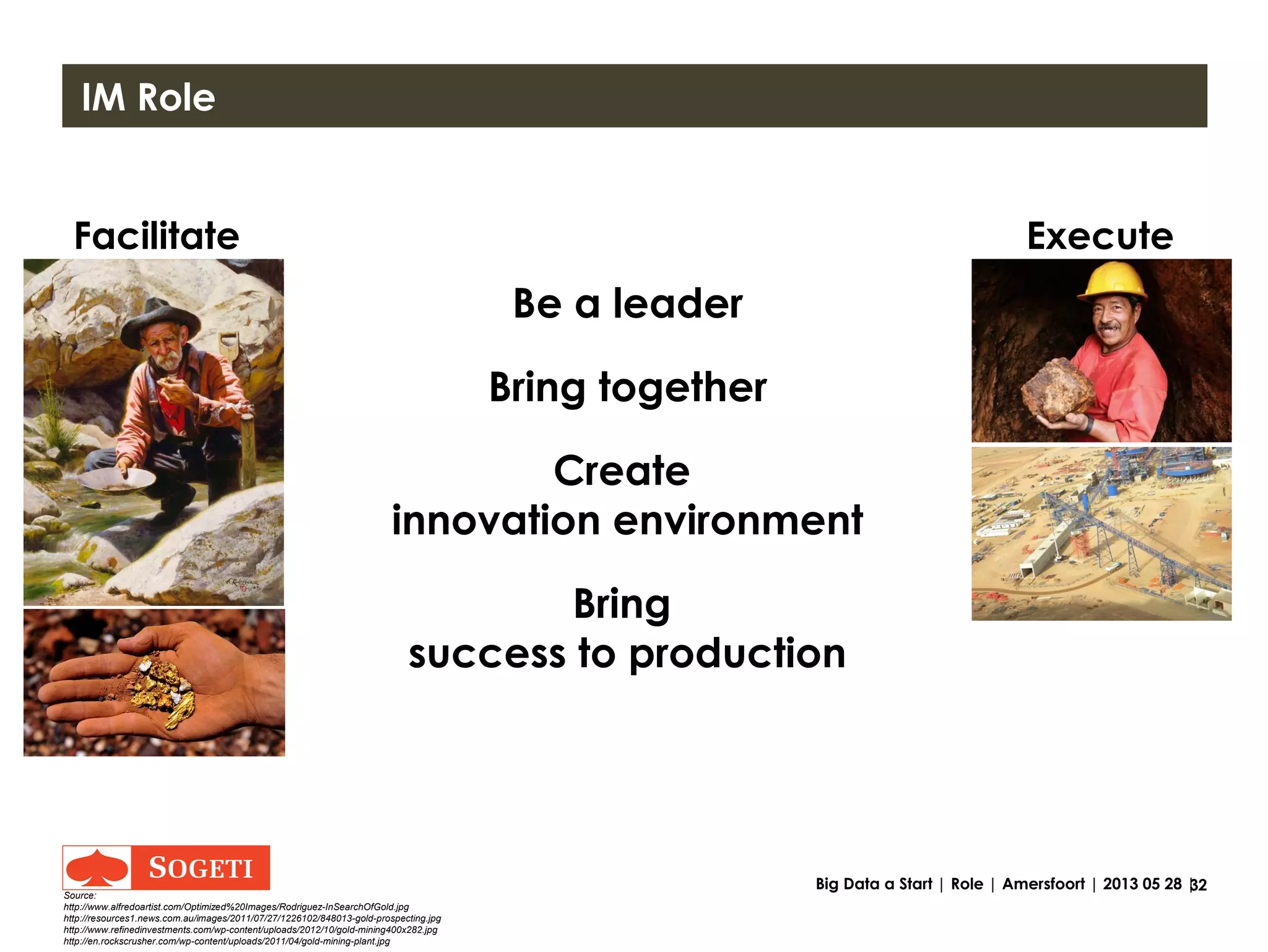 32Big Data a Start | Role | Amersfoort | 2013 05 28 |
Information Management Role
be an advising guide
Bring together
Create
innovation environment
Bring
success to production
 