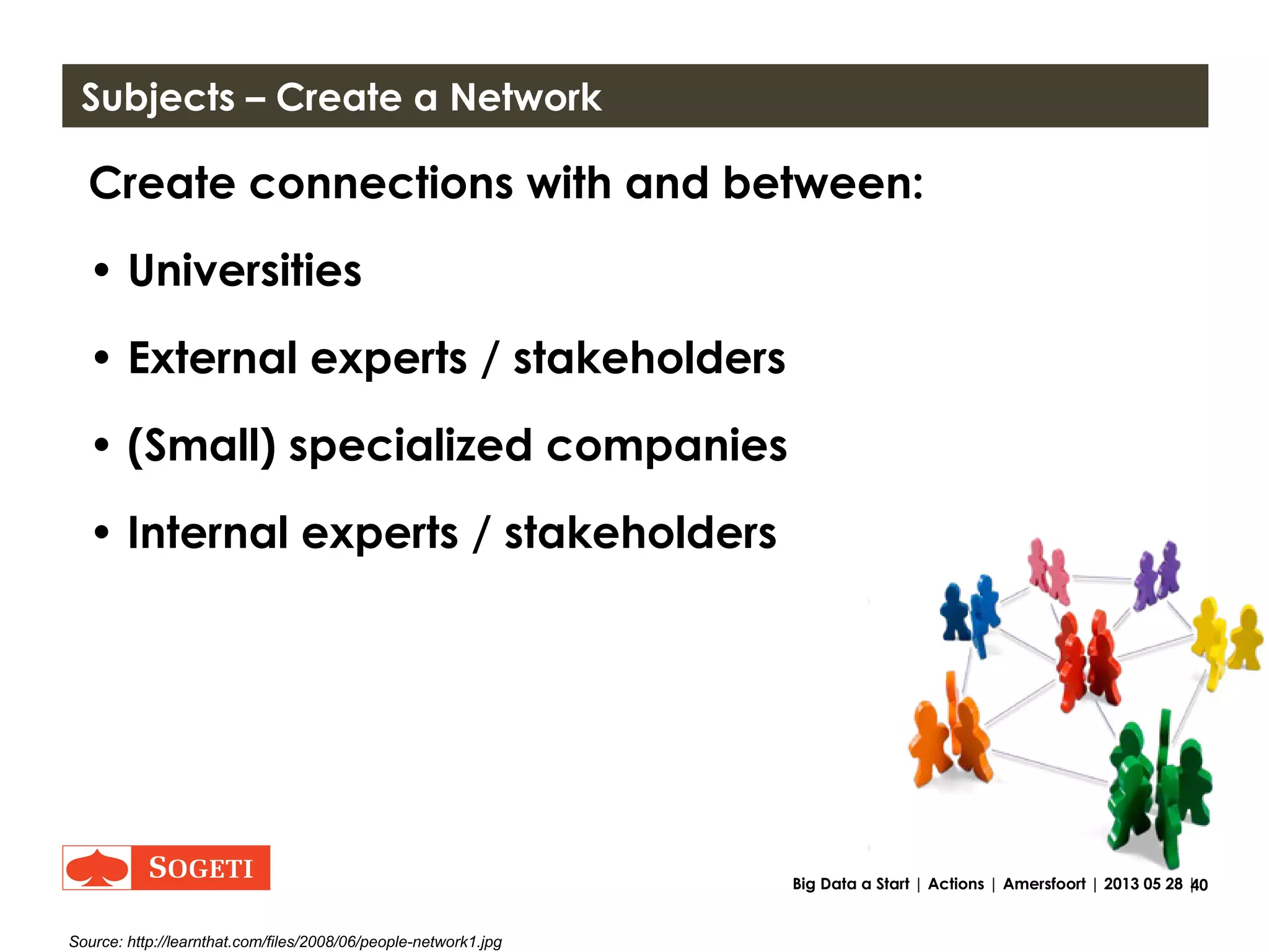 40Big Data a Start | Actions | Amersfoort | 2013 05 28 |
Subjects – Data Virtualization
• Future enormous cost reduction
• Improvement of MI
• Faster data centric solution
• Lower cost of projects
Source: http://res.sys-con.com/story/may11/1849158/data%20virt%20image_0.jpg
 
