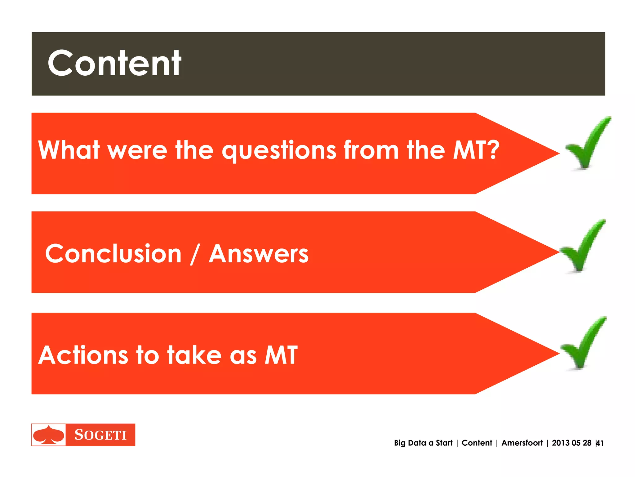 41Big Data a Start | Actions | Amersfoort | 2013 05 28 |
Subjects – Create a Network
Create connections with and between:
• Universities
• External experts / stakeholders
• (Small) specialized companies
• Internal experts / stakeholders
Source: http://learnthat.com/files/2008/06/people-network1.jpg
 