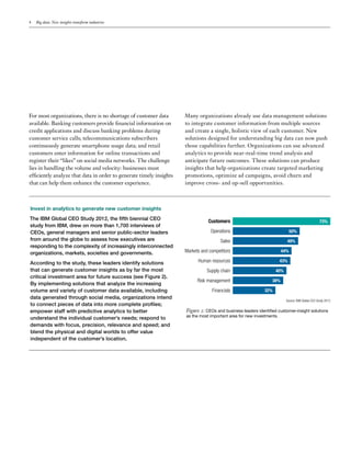 4 Big data: New insights transform industries
For most organizations, there is no shortage of customer data
available. Banking customers provide financial information on
credit applications and discuss banking problems during
customer service calls; telecommunications subscribers
continuously generate smartphone usage data; and retail
customers enter information for online transactions and
register their “likes” on social media networks. The challenge
lies in handling the volume and velocity: businesses must
efficiently analyze that data in order to generate timely insights
that can help them enhance the customer experience.
Many organizations already use data management solutions
to integrate customer information from multiple sources
and create a single, holistic view of each customer. New
solutions designed for understanding big data can now push
those capabilities further. Organizations can use advanced
analytics to provide near-real-time trend analysis and
anticipate future outcomes. These solutions can produce
insights that help organizations create targeted marketing
promotions, optimize ad campaigns, avoid churn and
improve cross- and up-sell opportunities.
Invest in analytics to generate new customer insights
The IBM Global CEO Study 2012, the fifth biennial CEO
study from IBM, drew on more than 1,700 interviews of
CEOs, general managers and senior public-sector leaders
from around the globe to assess how executives are
responding to the complexity of increasingly interconnected
organizations, markets, societies and governments.
According to the study, these leaders identify solutions
that can generate customer insights as by far the most
critical investment area for future success (see Figure 2).
By implementing solutions that analyze the increasing
volume and variety of customer data available, including
data generated through social media, organizations intend
to connect pieces of data into more complete profiles;
empower staff with predictive analytics to better
understand the individual customer’s needs; respond to
demands with focus, precision, relevance and speed; and
blend the physical and digital worlds to offer value
independent of the customer’s location.
Figure 2: CEOs and business leaders identified customer-insight solutions
as the most important area for new investments.
73%
Source: IBM Global CEO Study 2012
Customers
Operations
Sales
Markets and competitors
Human resources
Supply chain
Risk management
Financials
50%
49%
44%
43%
40%
38%
32%
 