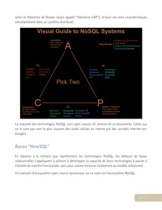selon le théorème de Brewer (aussi appelé “théorème CAP”), d’avoir ces trois caractéristiques
simultanément dans un système distribué).
La majorité des technologies NoSQL sont open source (cf. annexe de ce document). Celles qui
ne le sont pas sont le plus souvent des outils utilisés en interne par des sociétés internet (ex:
Google).
Bases“NewSQL”
En réponse à la menace que représentent les technologies NoSQL, les éditeurs de bases
relationnelles s’appliquent à présent à développer la capacité de leurs technologies à passer à
l’échelle de manière horizontale, sans pour autant renoncer totalement au modèle relationnel.
Un exemple d’écosystème open source dynamique sur ce sujet est l’écosystème MySQL.
page 9
 