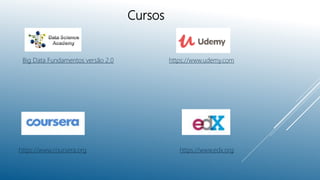 Cursos
Big Data Fundamentos versão 2.0
https://www.edx.orghttps://www.coursera.org
https://www.udemy.com
 