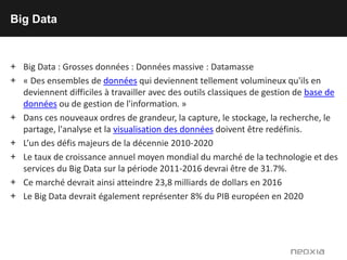 Big Data
+ Big Data : Grosses données : Données massive : Datamasse
+ « Des ensembles de données qui deviennent tellement ...